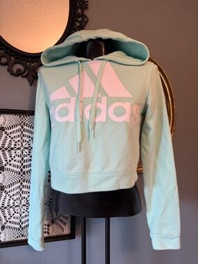 adidas Mint Green Cropped Hoodie with Light Pink Logo